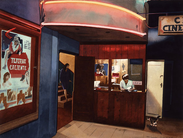 Foyer of a Tijuana movie house, at night with a cat.